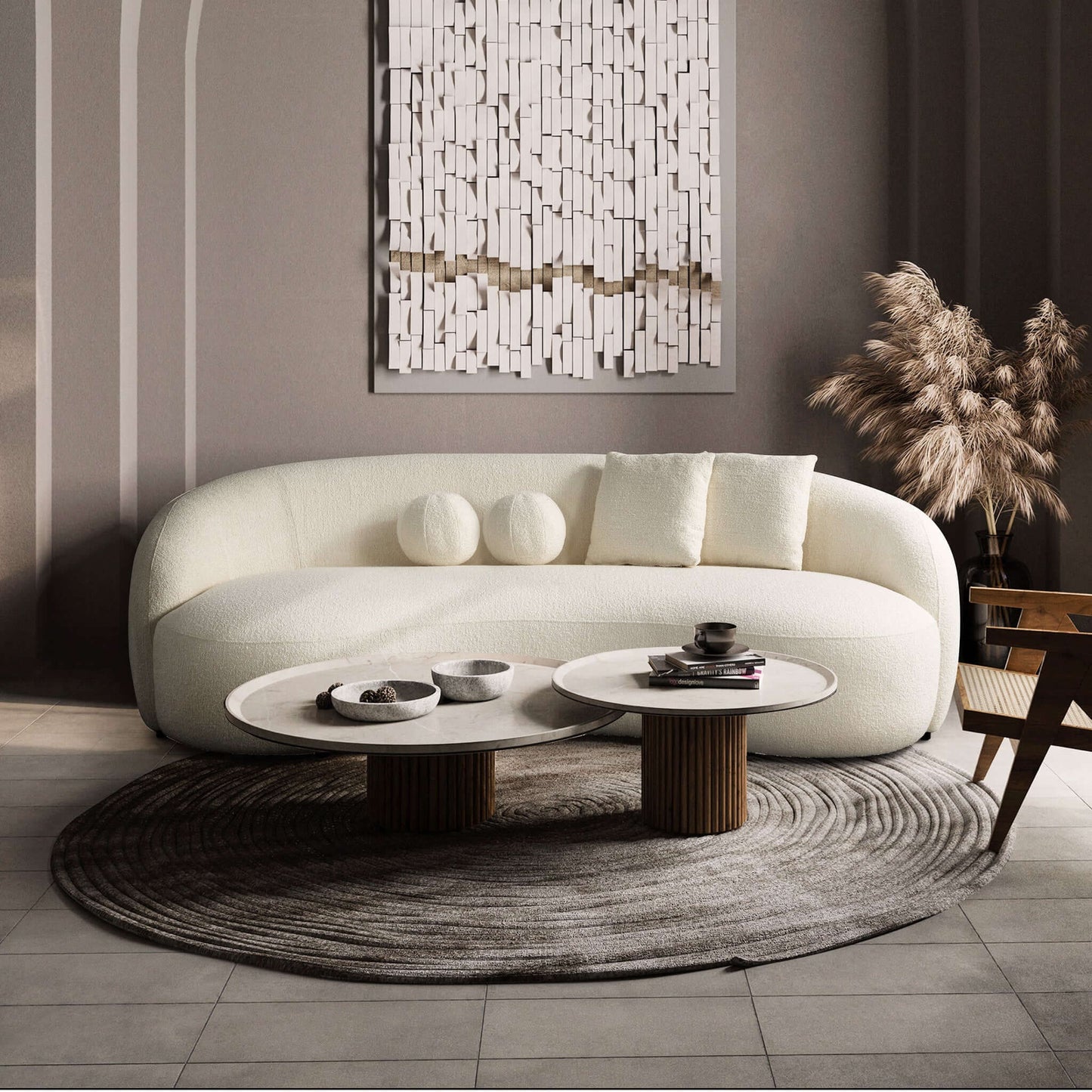 Drake Ivory Japandi Style Curvy Boucle Sofa