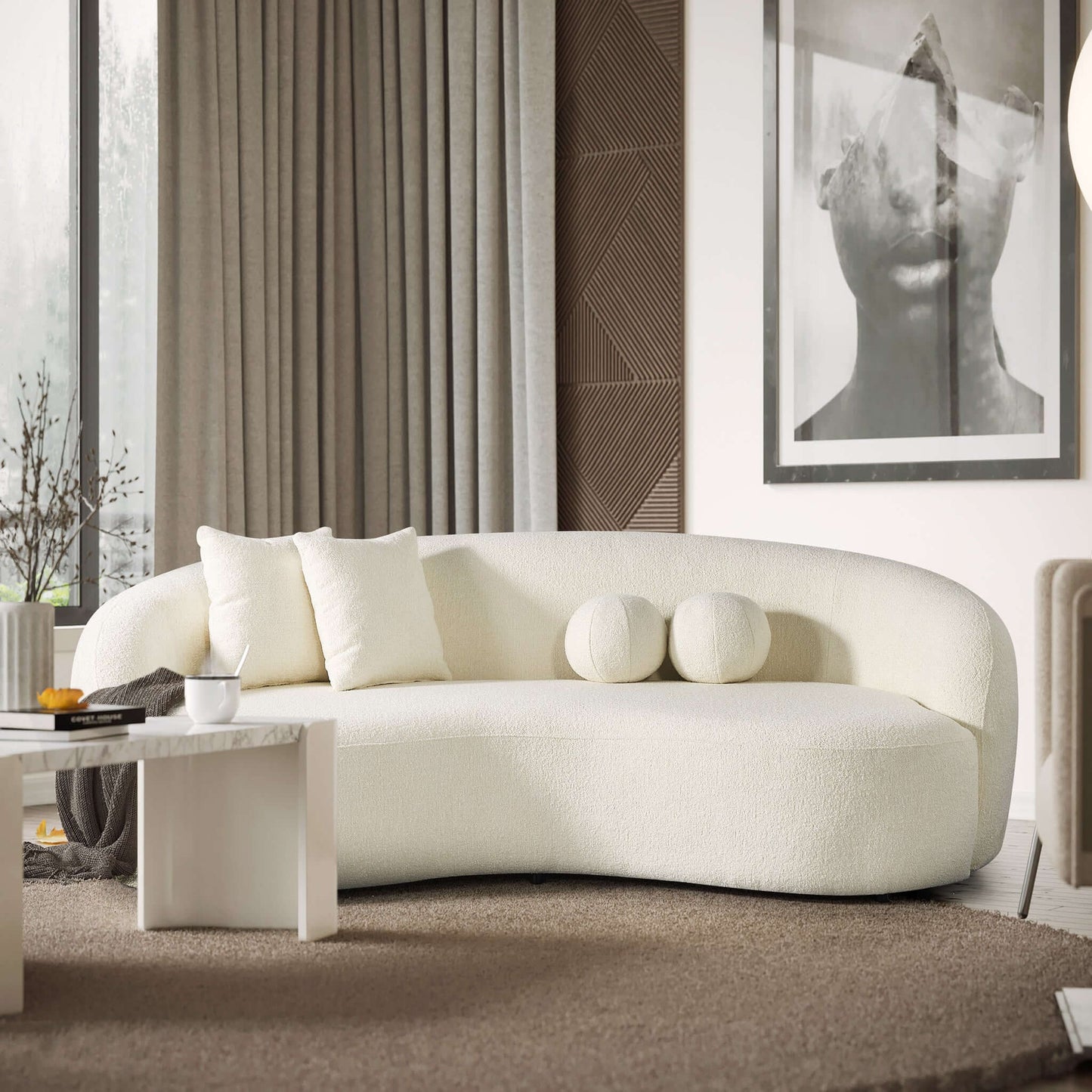 Drake Ivory Japandi Style Curvy Boucle Sofa
